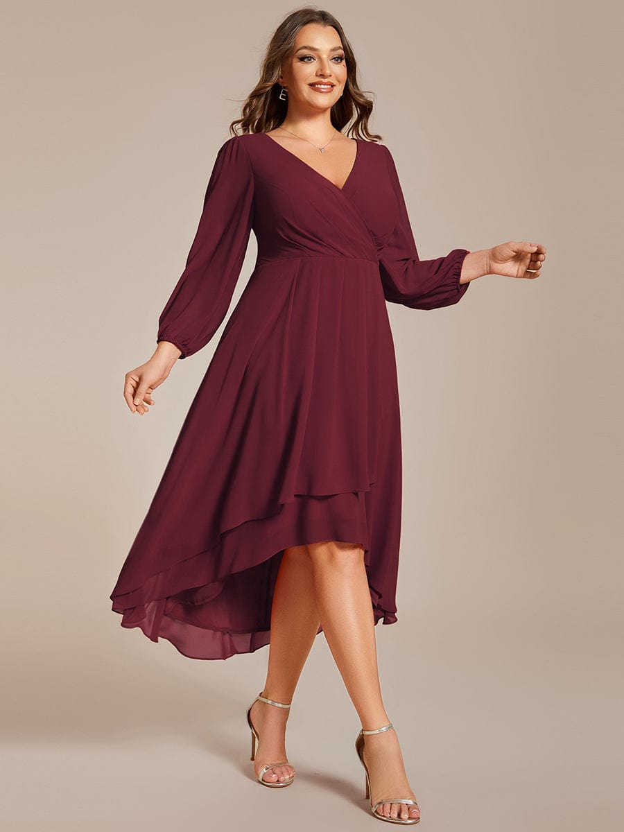 Plus Size Chiffon A-Line Long Sleeves Asymmetrical Hem Wedding Guest Dress #color_Burgundy