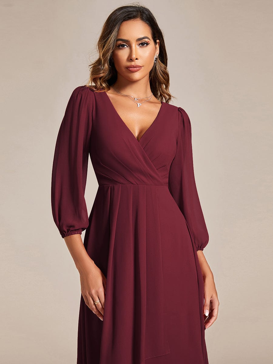 Long Sleeves Asymmetrical Hem A-Line Midi Wedding Guest Dress #color_Burgundy