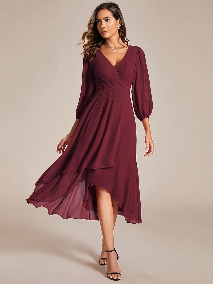 Long Sleeves Asymmetrical Hem A-Line Midi Wedding Guest Dress #color_Burgundy