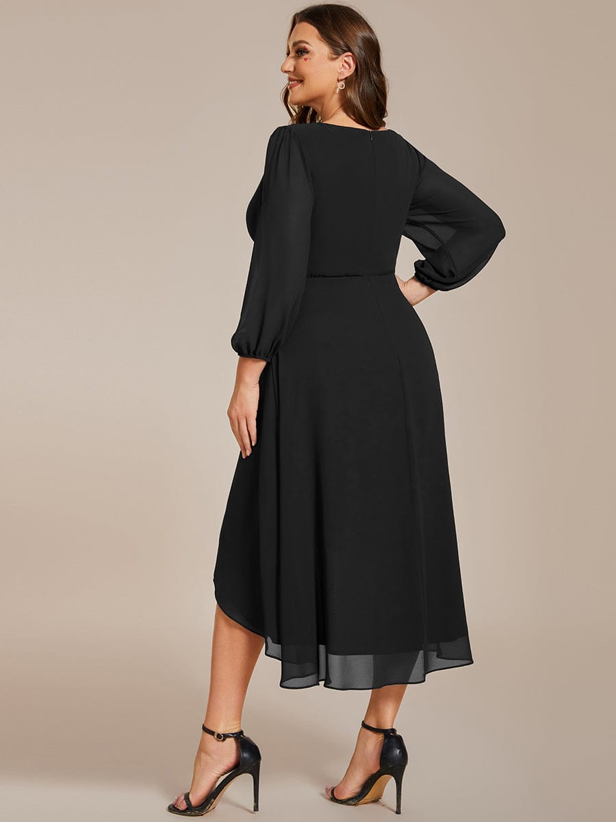 Plus Size Chiffon A-Line Long Sleeves Asymmetrical Hem Wedding Guest Dress #color_Black