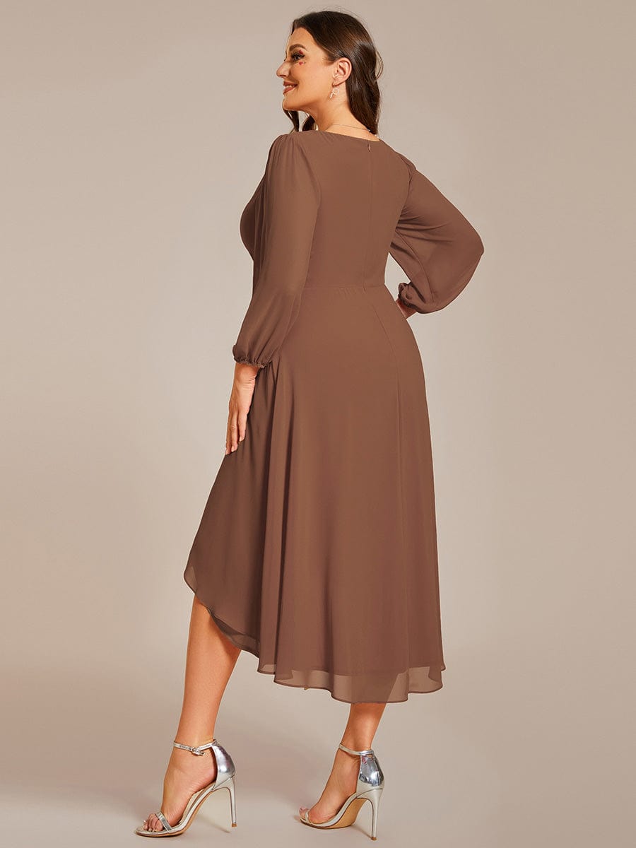 Long Sleeves Asymmetrical Hem A-Line Midi Wedding Guest Dress #color_Brown