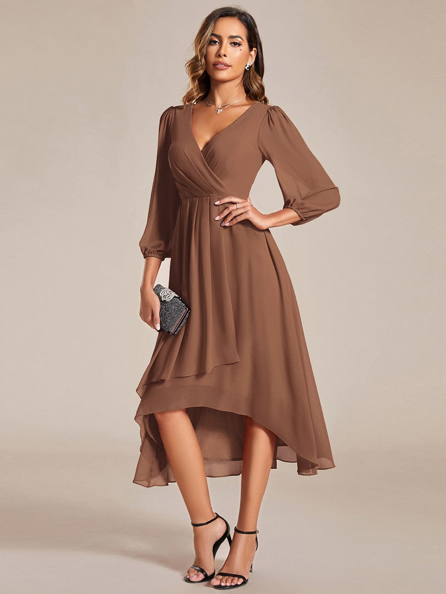 Long Sleeves Asymmetrical Hem A-Line Midi Wedding Guest Dress #color_Brown