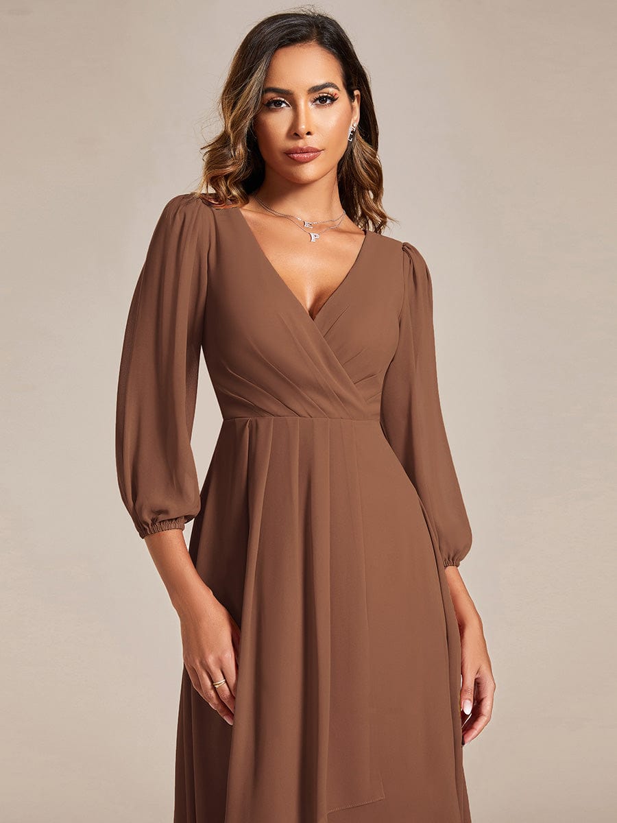 Long Sleeves Asymmetrical Hem A-Line Midi Wedding Guest Dress #color_Brown