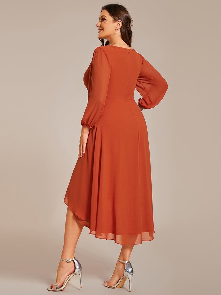 Plus Size Chiffon A-Line Long Sleeves Asymmetrical Hem Wedding Guest Dress #color_Burnt Orange