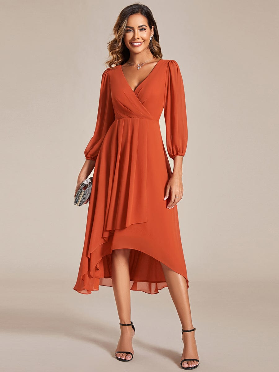 Long Sleeves Asymmetrical Hem A-Line Midi Wedding Guest Dress #color_Burnt Orange