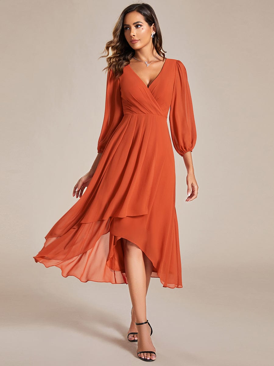 Long Sleeves Asymmetrical Hem A-Line Midi Wedding Guest Dress #color_Burnt Orange