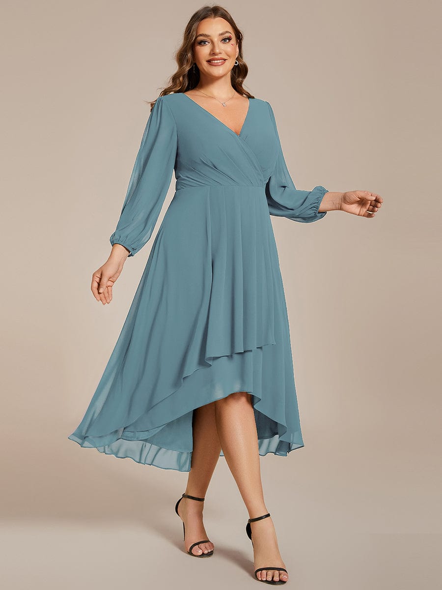 Plus Size Chiffon A-Line Long Sleeves Asymmetrical Hem Wedding Guest Dress #color_Dusty Blue