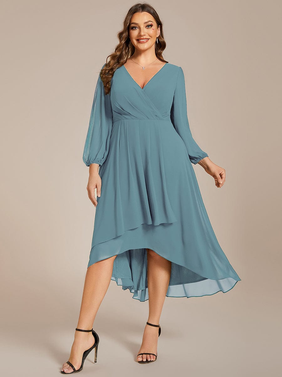 Plus Size Chiffon A-Line Long Sleeves Asymmetrical Hem Wedding Guest Dress #color_Dusty Blue