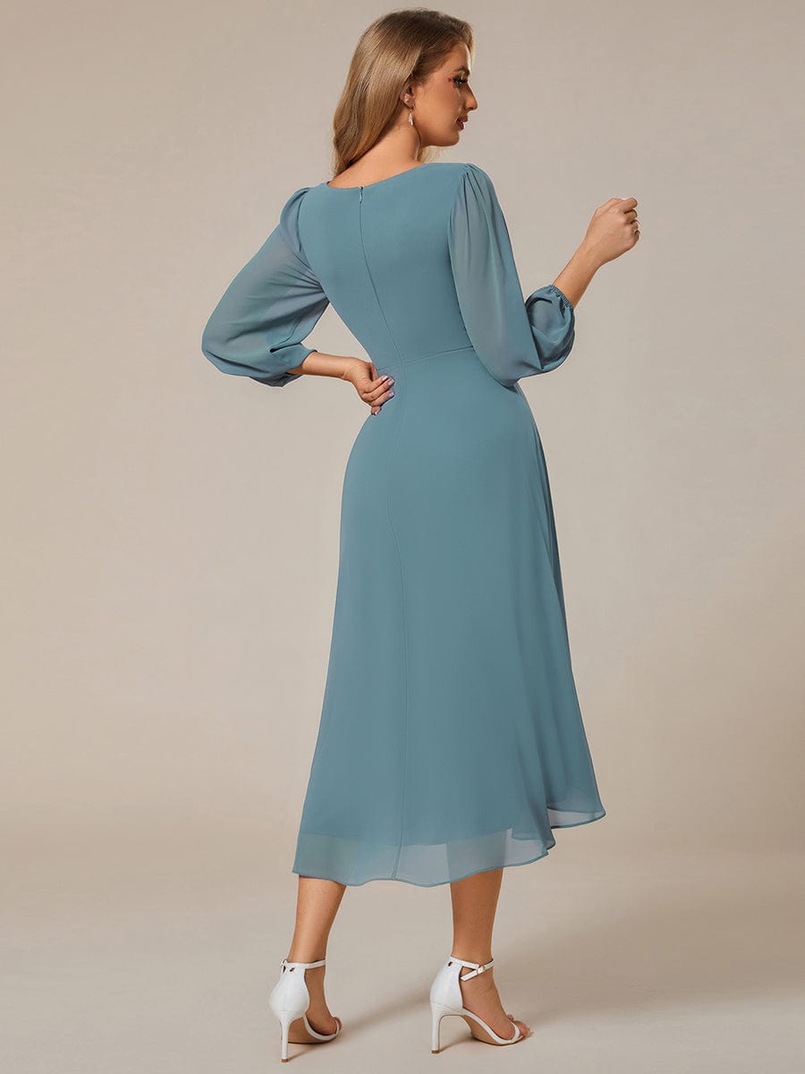 Long Sleeves Asymmetrical Hem A-Line Midi Wedding Guest Dress #color_Dusty Blue