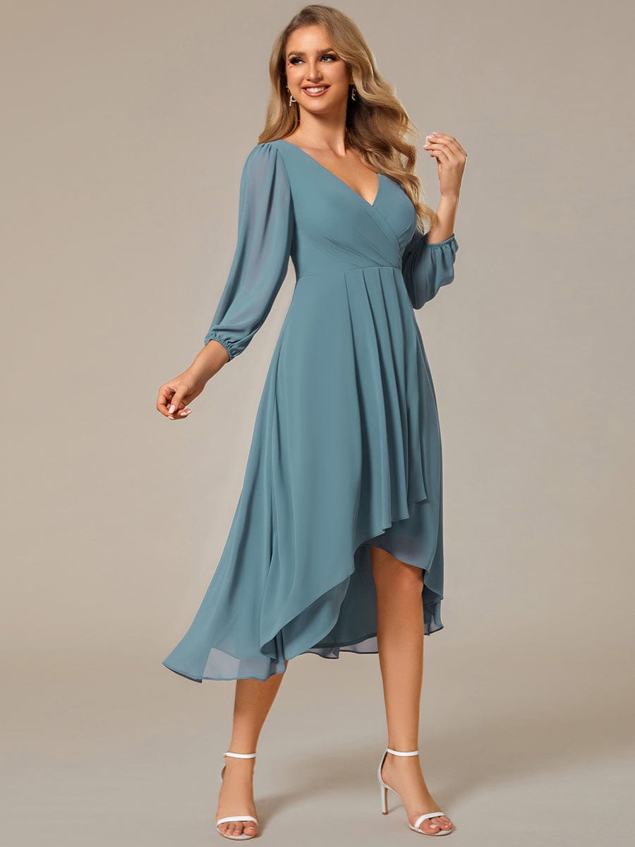 Long Sleeves Asymmetrical Hem A-Line Midi Wedding Guest Dress #color_Dusty Blue