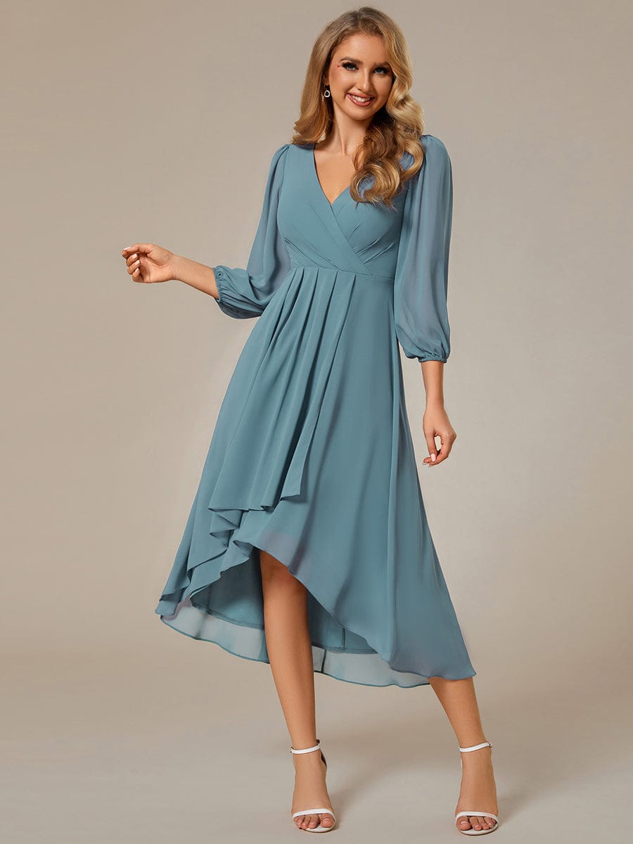 Long Sleeves Asymmetrical Hem A-Line Midi Wedding Guest Dress #color_Dusty Blue