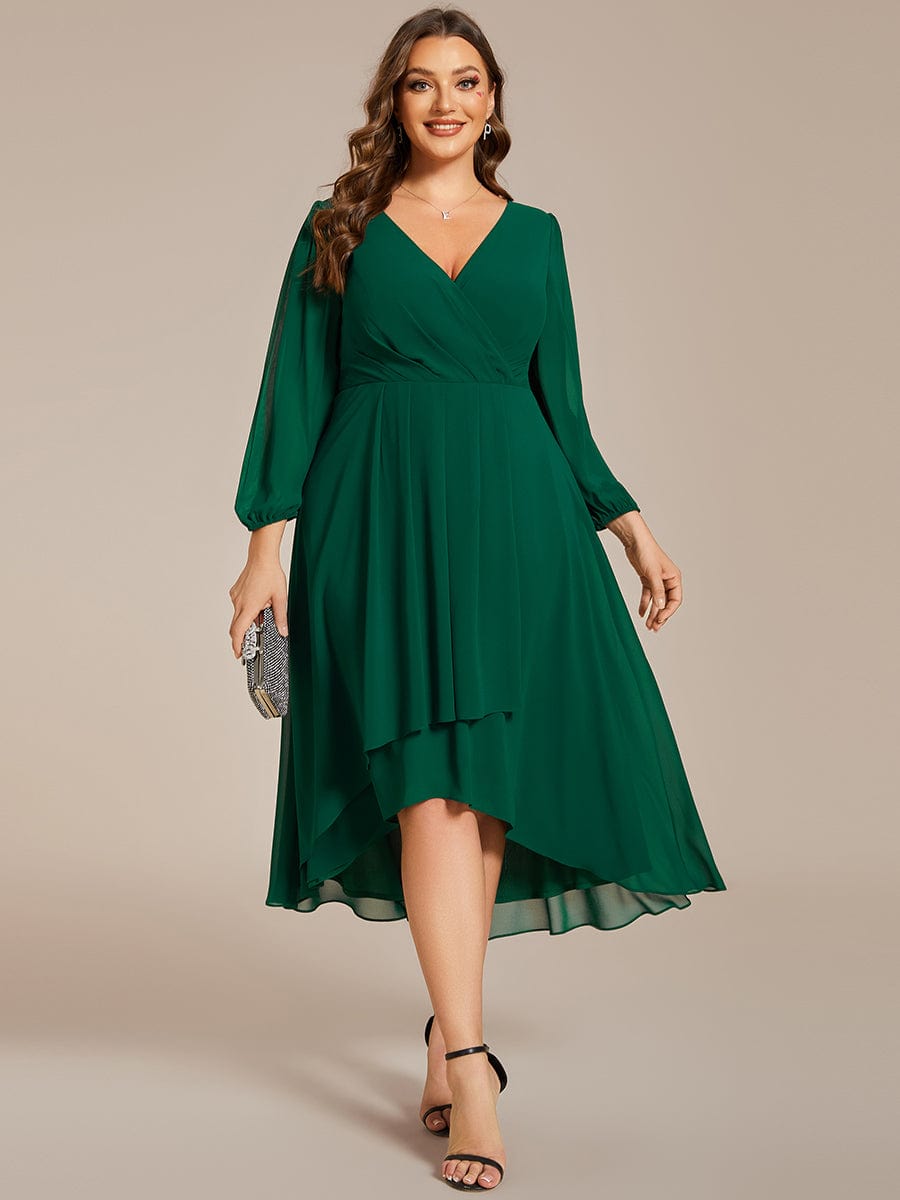 Plus Size Chiffon A-Line Long Sleeves Asymmetrical Hem Wedding Guest Dress #color_Dark Green