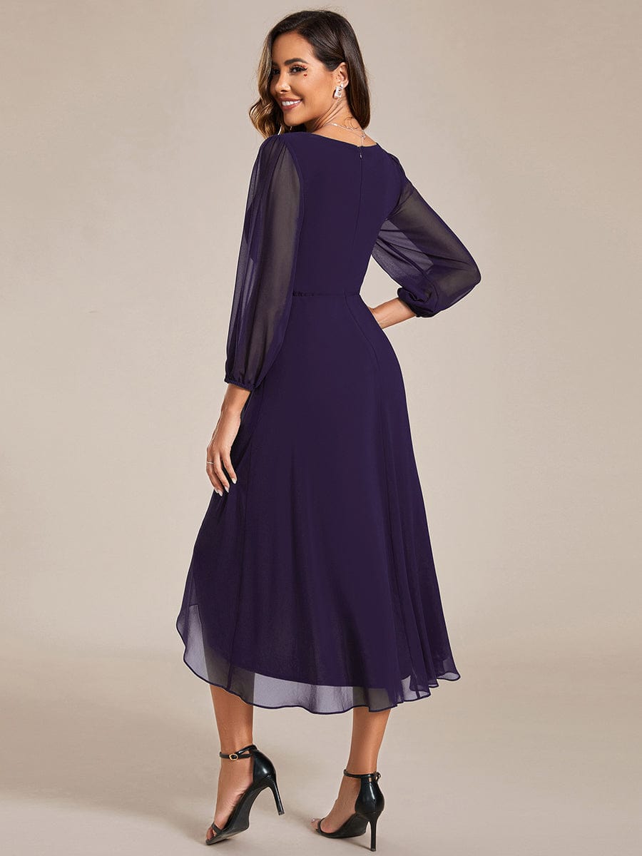 Long Sleeves Asymmetrical Hem A-Line Midi Wedding Guest Dress #color_Dark Purple