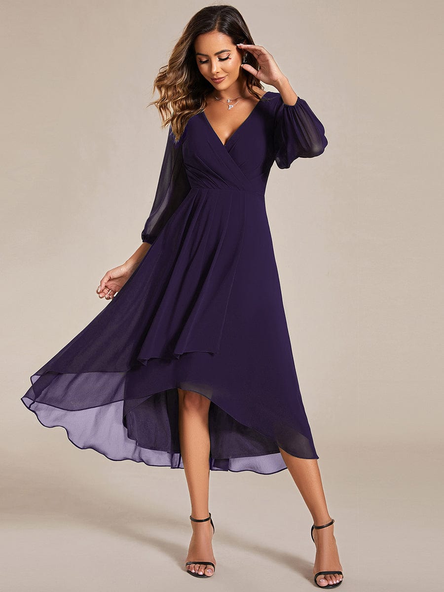 Long Sleeves Asymmetrical Hem A-Line Midi Wedding Guest Dress #color_Dark Purple