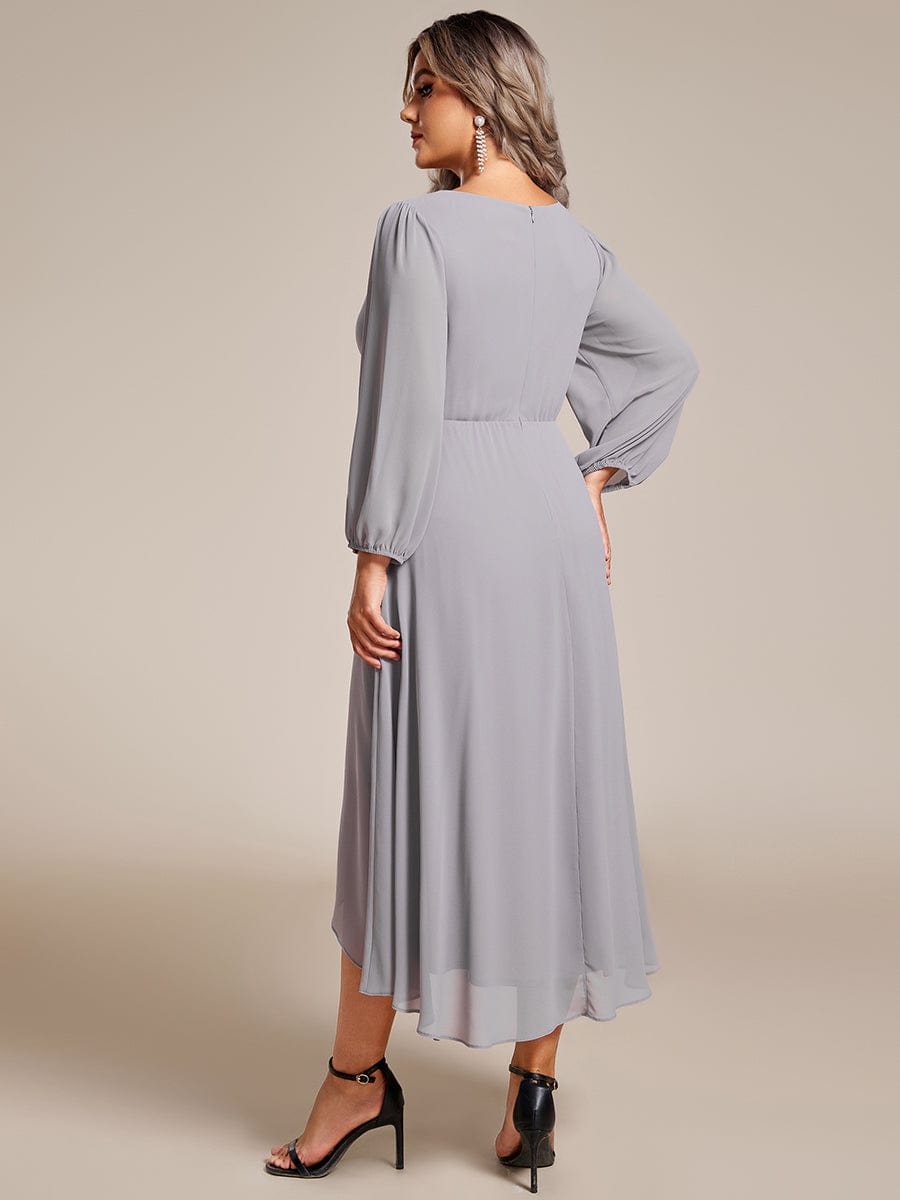 Long Sleeves Asymmetrical Hem A-Line Midi Wedding Guest Dress #color_Grey