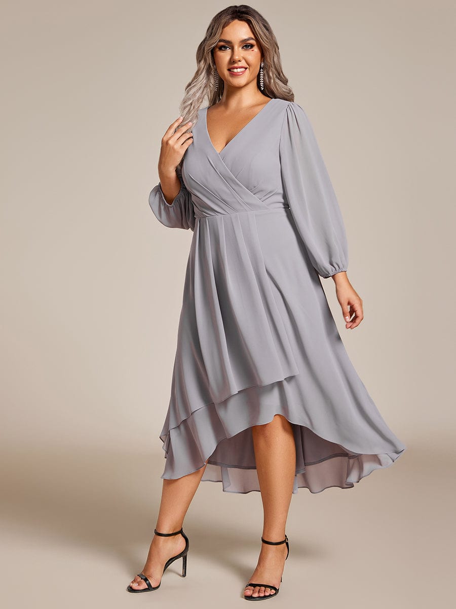 Plus Size Chiffon A-Line Long Sleeves Asymmetrical Hem Wedding Guest Dress #color_Grey