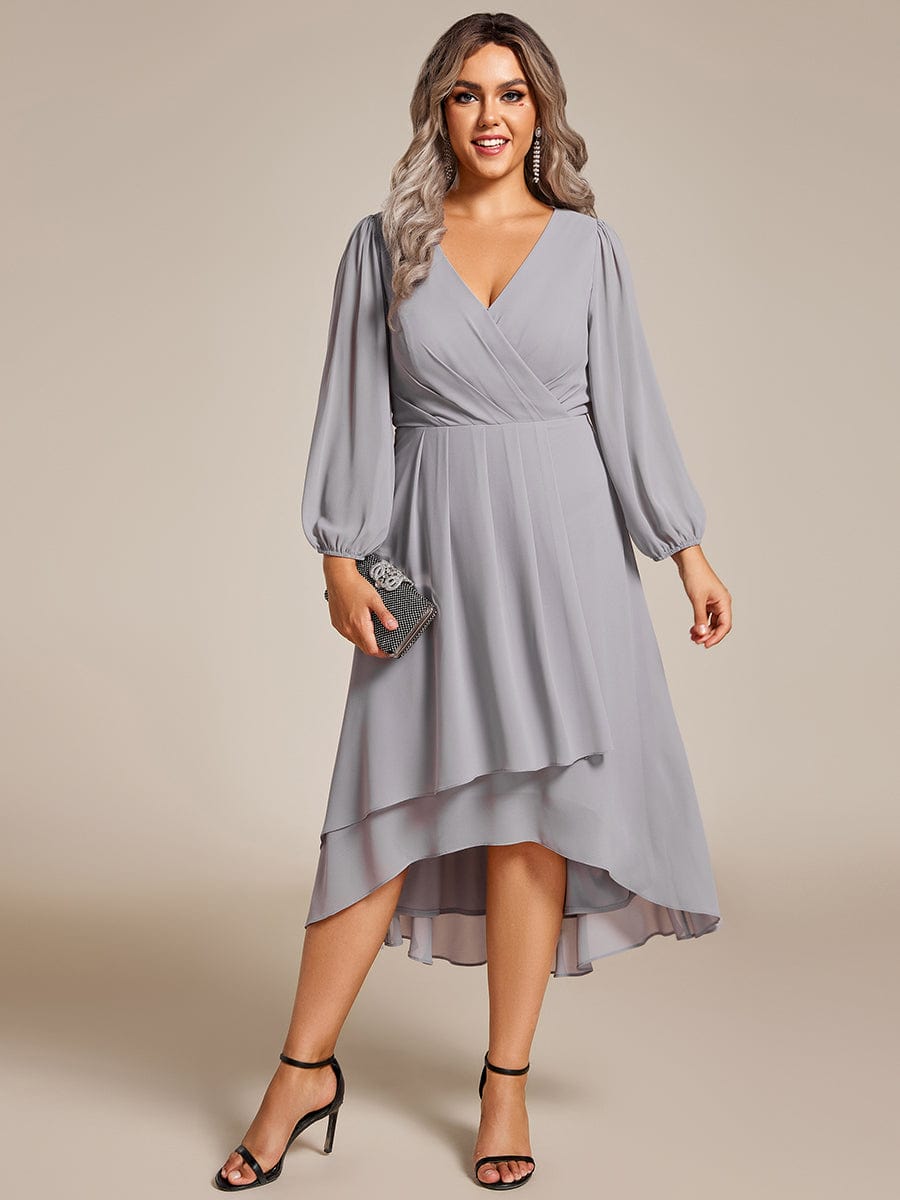 Plus Size Chiffon A-Line Long Sleeves Asymmetrical Hem Wedding Guest Dress #color_Grey