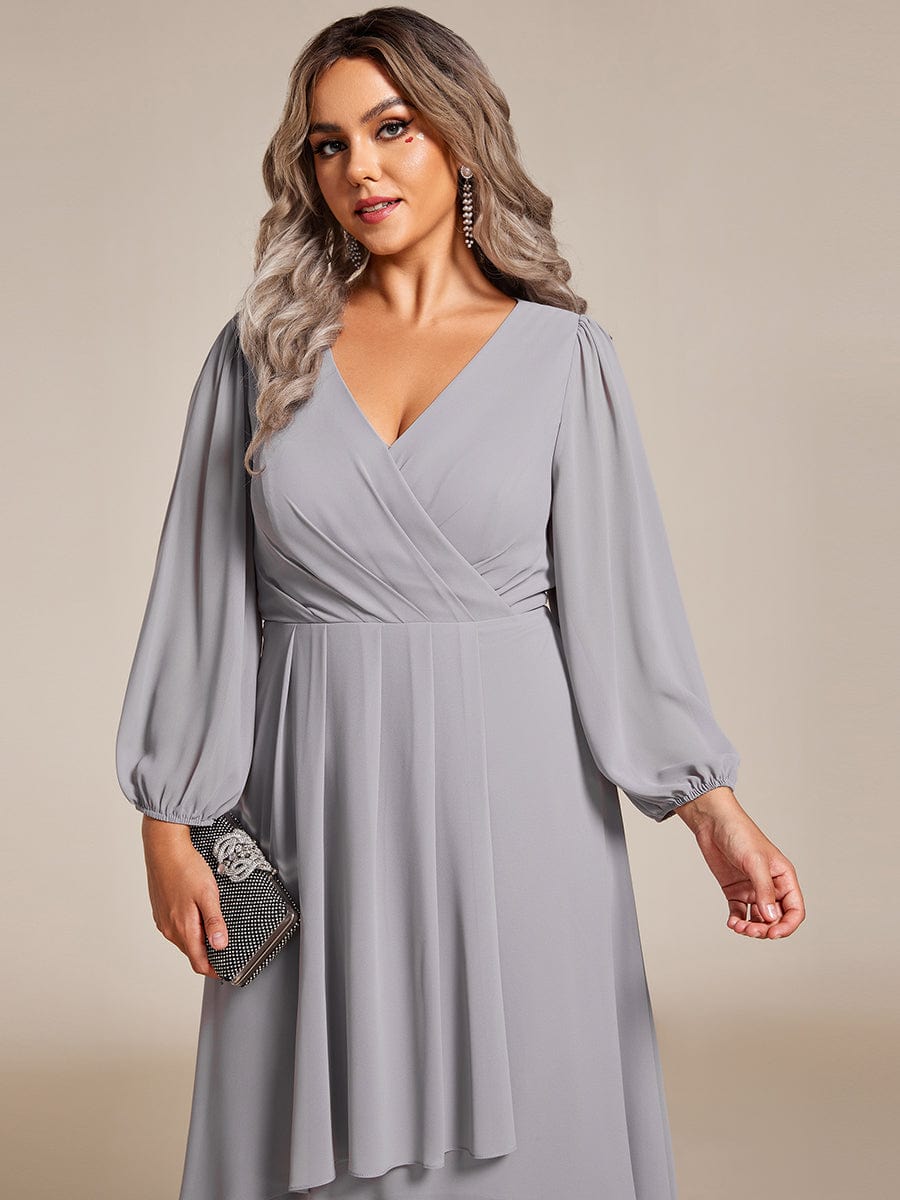 Plus Size Chiffon A-Line Long Sleeves Asymmetrical Hem Wedding Guest Dress #color_Grey