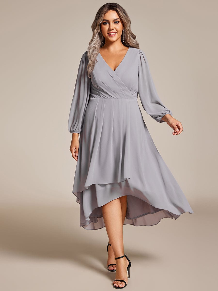 Plus Size Chiffon A-Line Long Sleeves Asymmetrical Hem Wedding Guest Dress #color_Grey