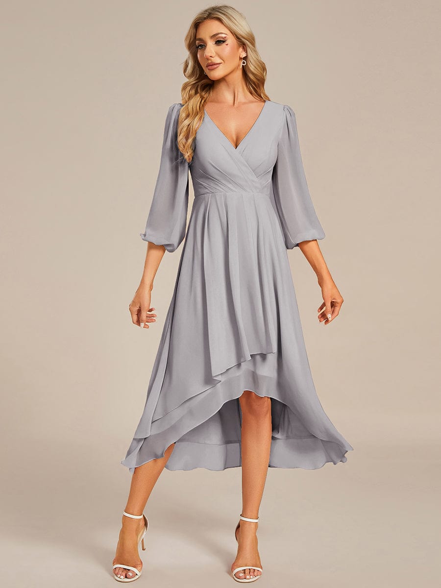 Long Sleeves Asymmetrical Hem A-Line Midi Wedding Guest Dress #color_Grey