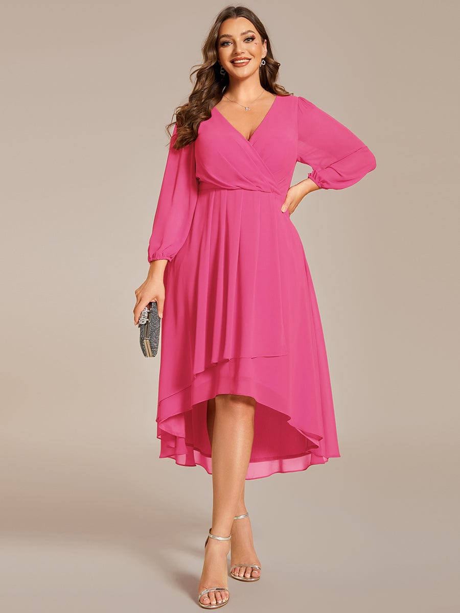 Plus Size Chiffon A-Line Long Sleeves Asymmetrical Hem Wedding Guest Dress #color_Hot Pink