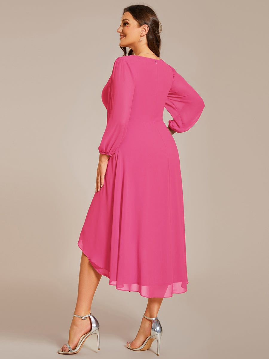 Long Sleeves Asymmetrical Hem A-Line Midi Wedding Guest Dress #color_Hot Pink