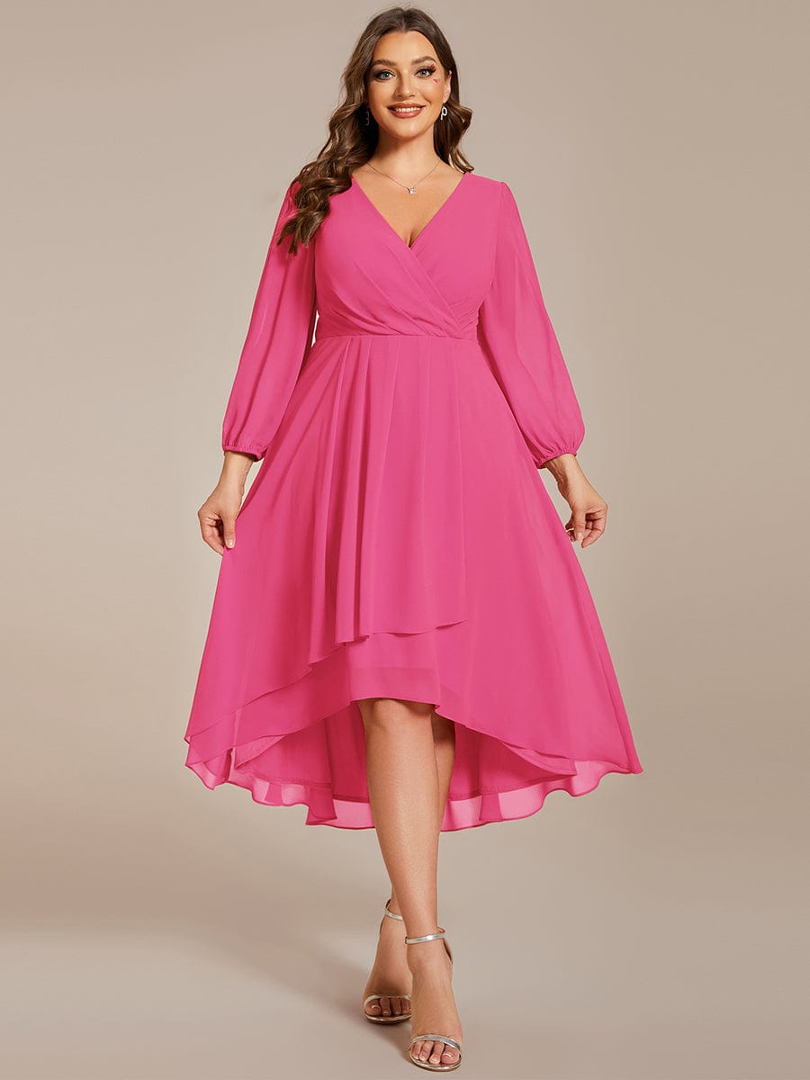 Plus Size Chiffon A-Line Long Sleeves Asymmetrical Hem Wedding Guest Dress #color_Hot Pink