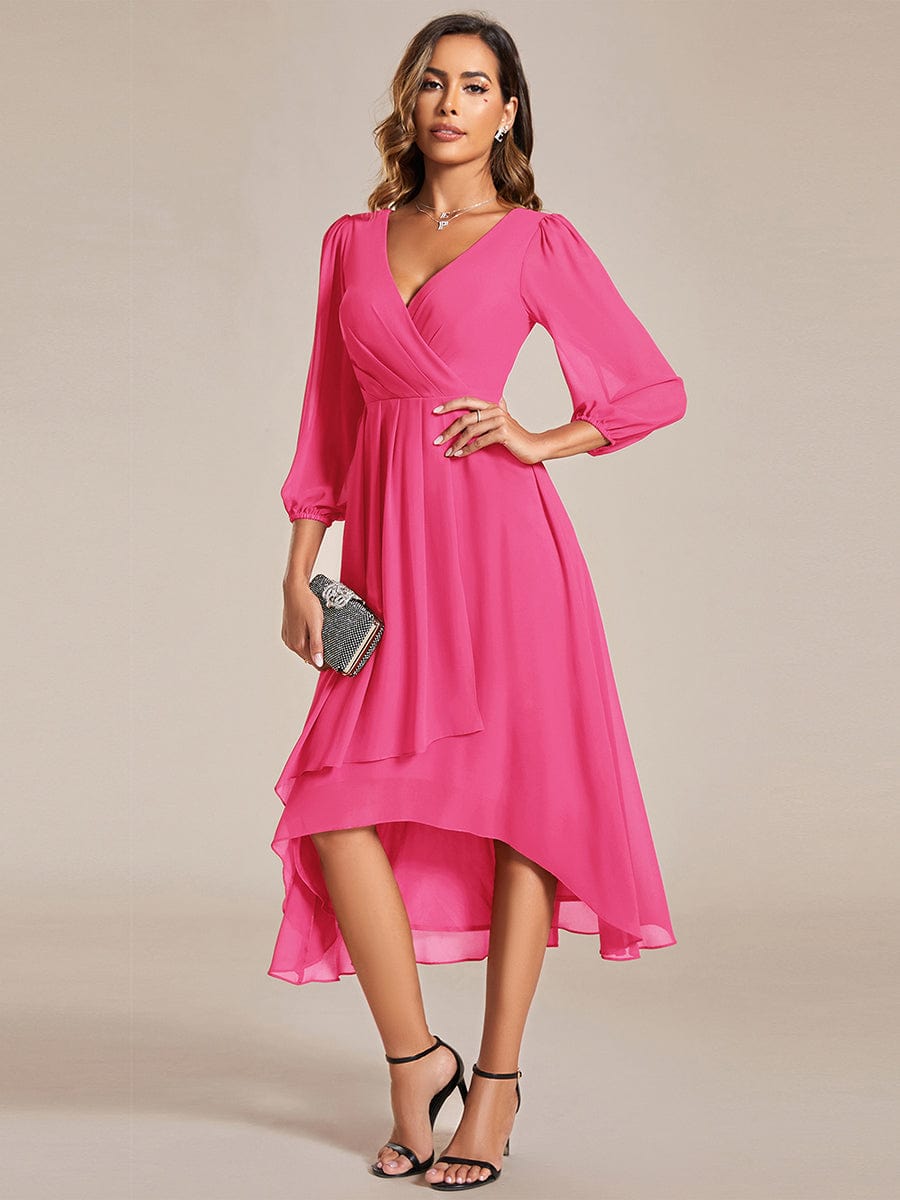 Long Sleeves Asymmetrical Hem A-Line Midi Wedding Guest Dress #color_Hot Pink