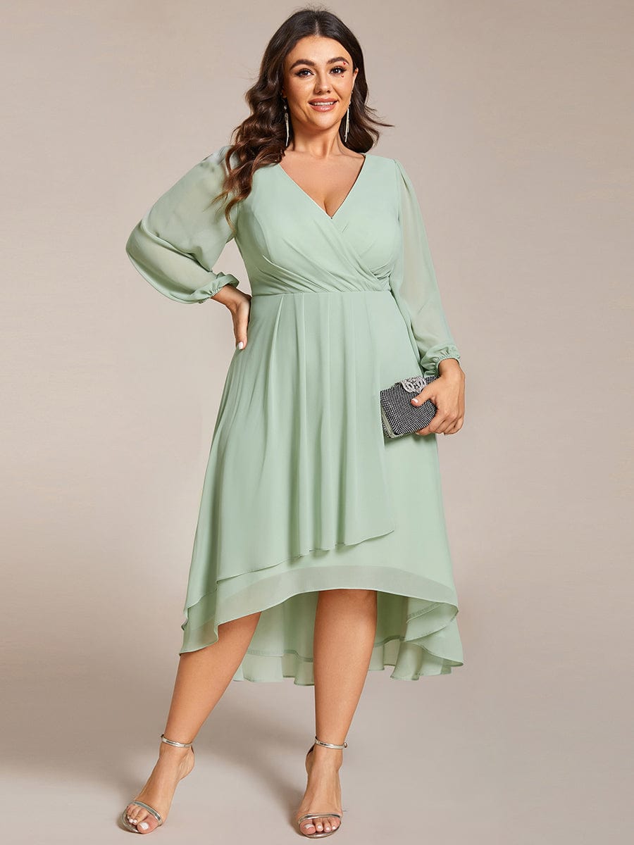 Plus Size Chiffon A-Line Long Sleeves Asymmetrical Hem Wedding Guest Dress #color_Mint Green