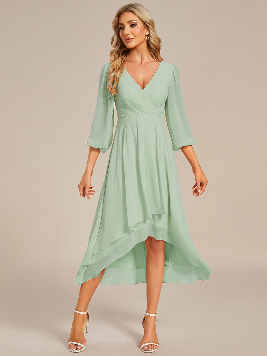 Long Sleeves Asymmetrical Hem A-Line Midi Wedding Guest Dress #color_Mint Green