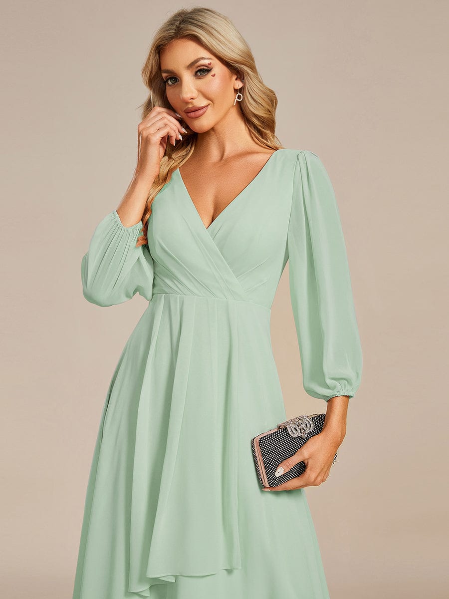 Long Sleeves Asymmetrical Hem A-Line Midi Wedding Guest Dress #color_Mint Green