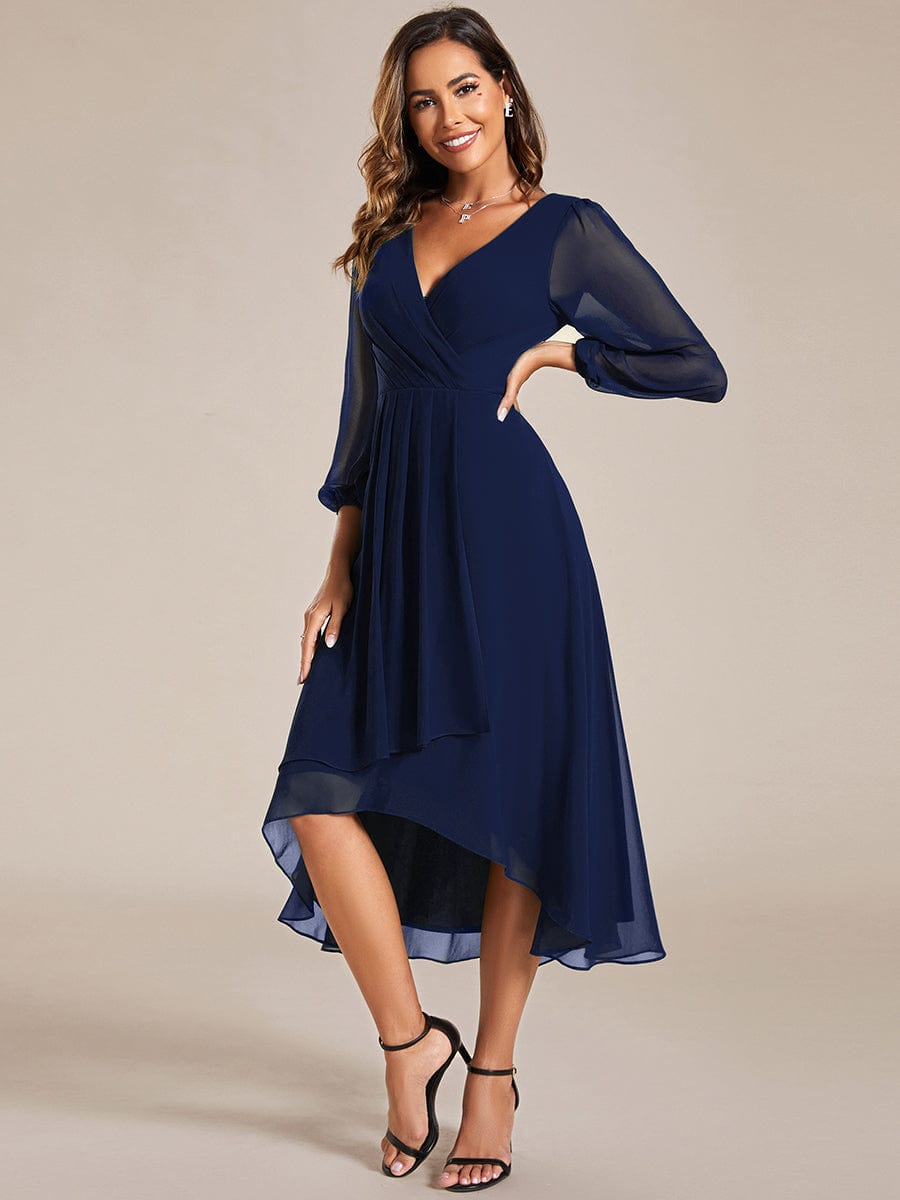 Long Sleeves Asymmetrical Hem A-Line Midi Wedding Guest Dress #color_Navy Blue