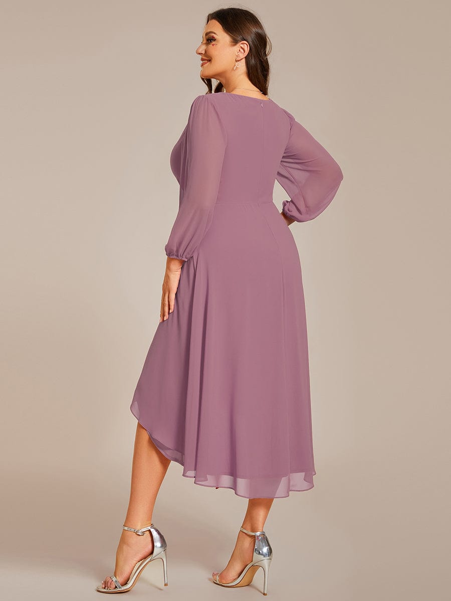 Long Sleeves Asymmetrical Hem A-Line Midi Wedding Guest Dress #color_Purple Orchid