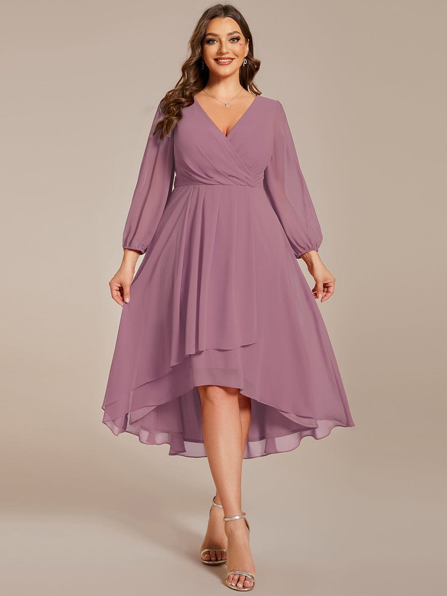 Long Sleeves Asymmetrical Hem A-Line Midi Wedding Guest Dress #color_Purple Orchid