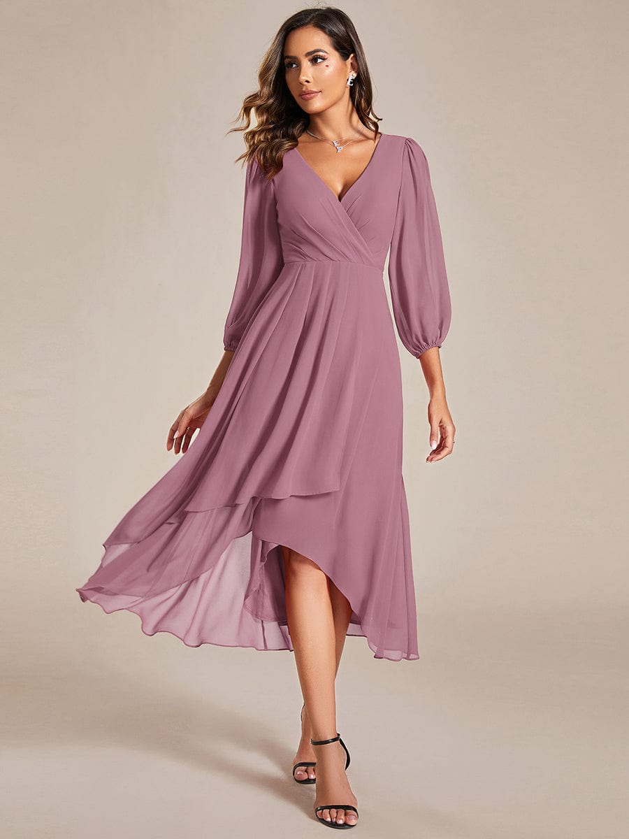 Long Sleeves Asymmetrical Hem A-Line Midi Wedding Guest Dress #color_Purple Orchid