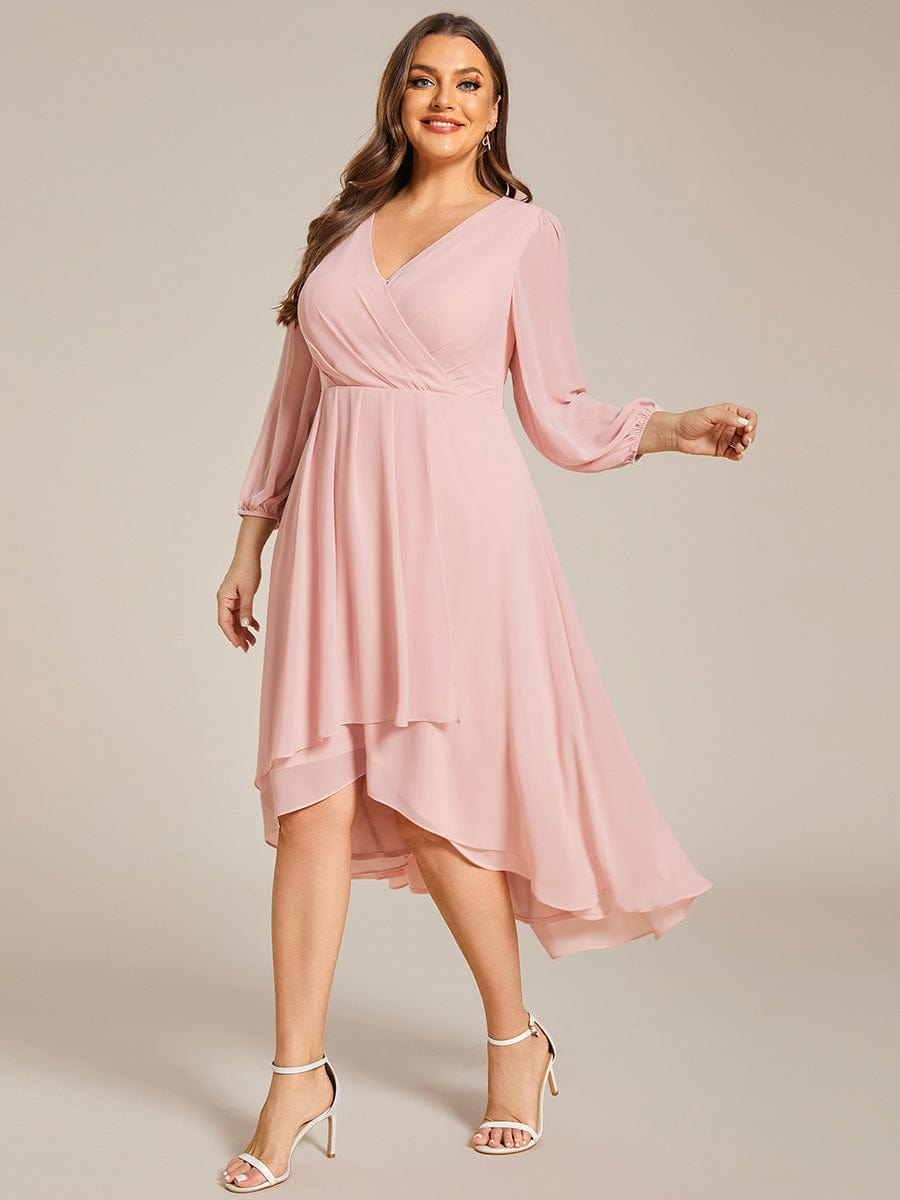 Plus Size Chiffon A-Line Long Sleeves Asymmetrical Hem Wedding Guest Dress #color_Pink