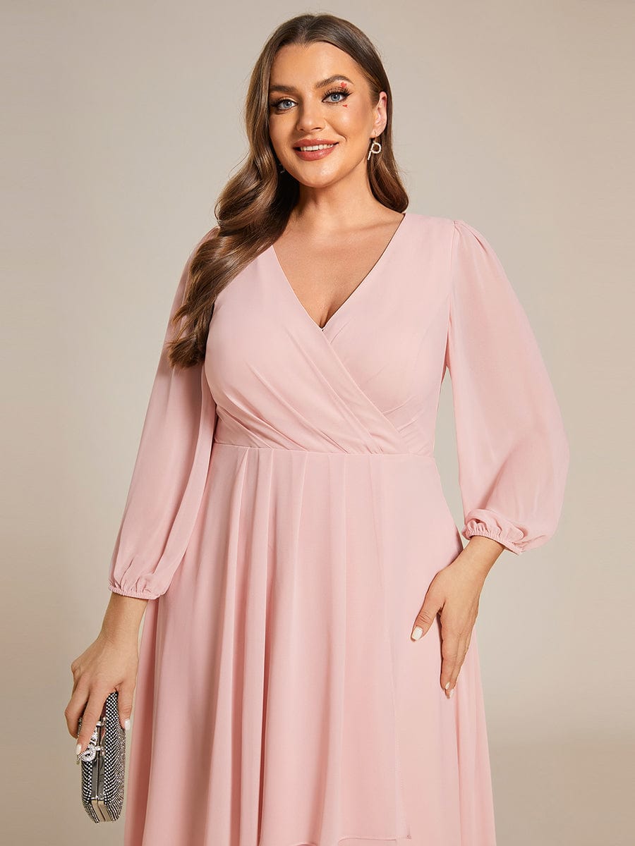 Plus Size Chiffon A-Line Long Sleeves Asymmetrical Hem Wedding Guest Dress #color_Pink