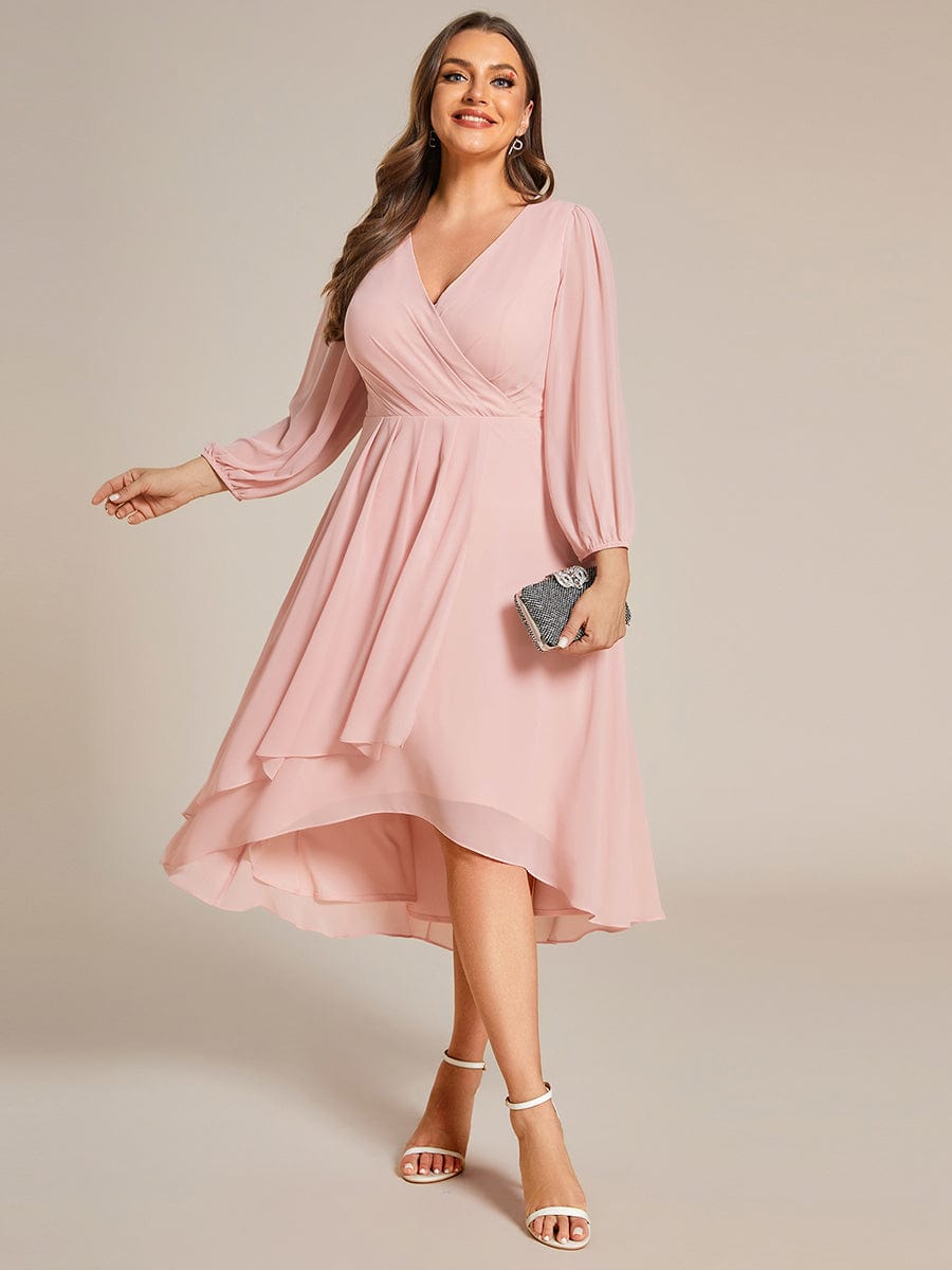 Plus Size Chiffon A-Line Long Sleeves Asymmetrical Hem Wedding Guest Dress #color_Pink