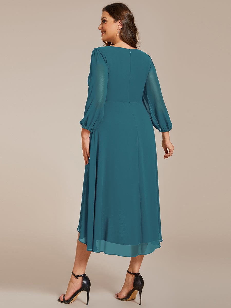 Long Sleeves Asymmetrical Hem A-Line Midi Wedding Guest Dress #color_Teal