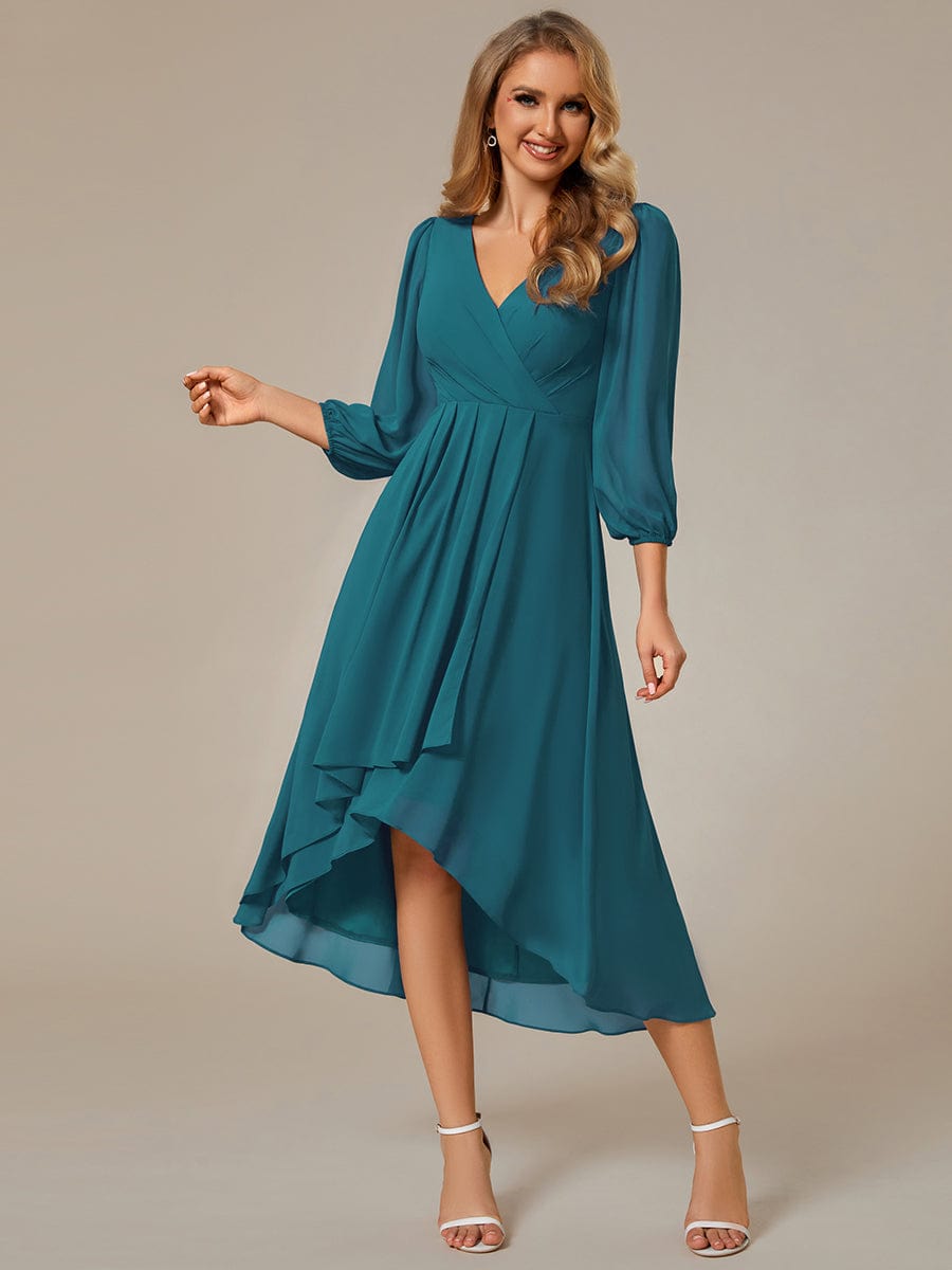 Long Sleeves Asymmetrical Hem A-Line Midi Wedding Guest Dress #color_Teal