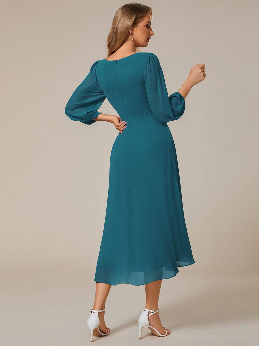 Long Sleeves Asymmetrical Hem A-Line Midi Wedding Guest Dress #color_Teal