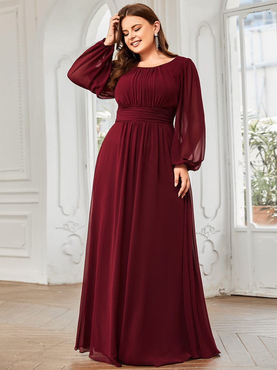 See-Througth Puff Sleeve Chiffon Plus Size Bridesmaid Dress #color_Burgundy