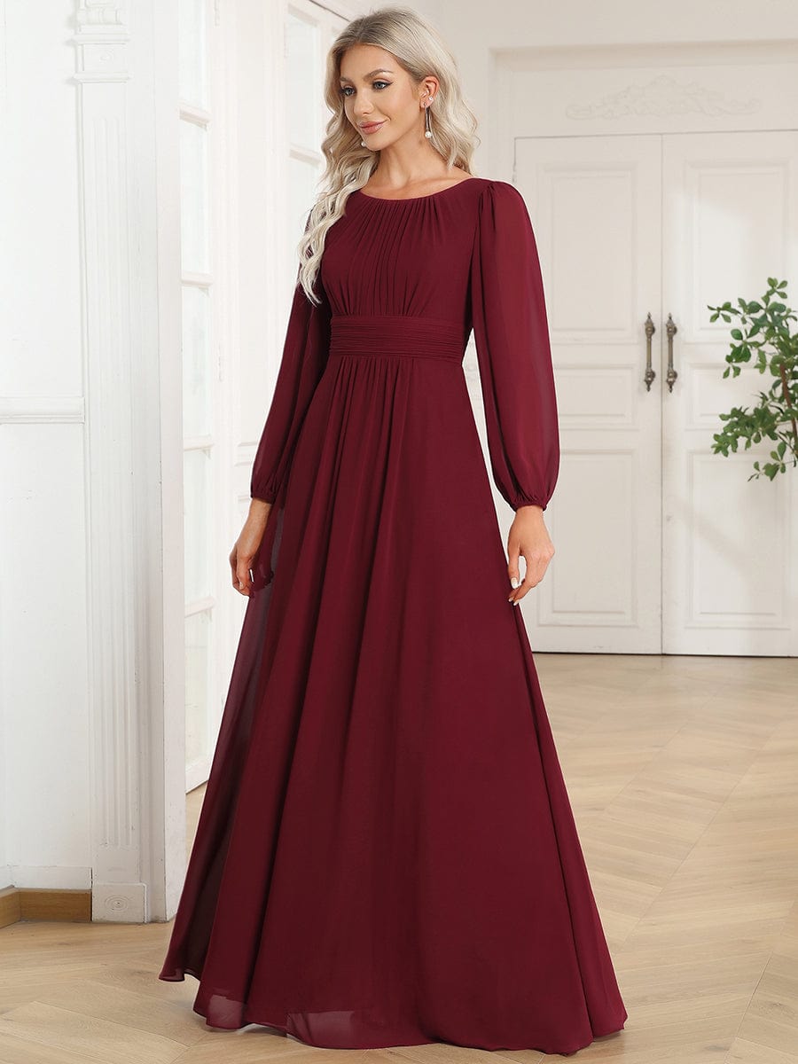 Chiffon High Empire Waist Puff Sleeve Bridesmaid Dress #color_Burgundy