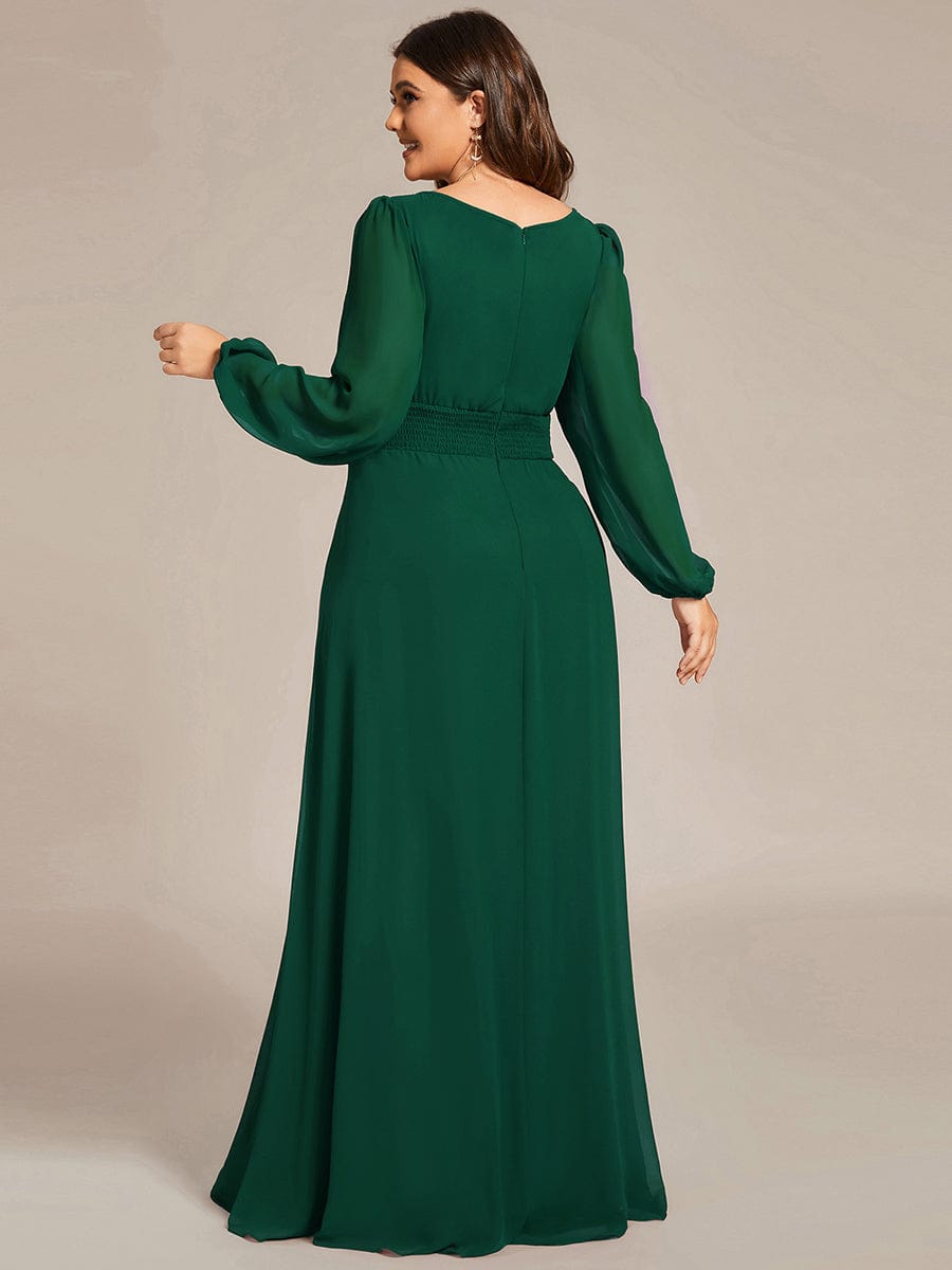 See-Througth Puff Sleeve Chiffon Plus Size Bridesmaid Dress #color_Dark Green