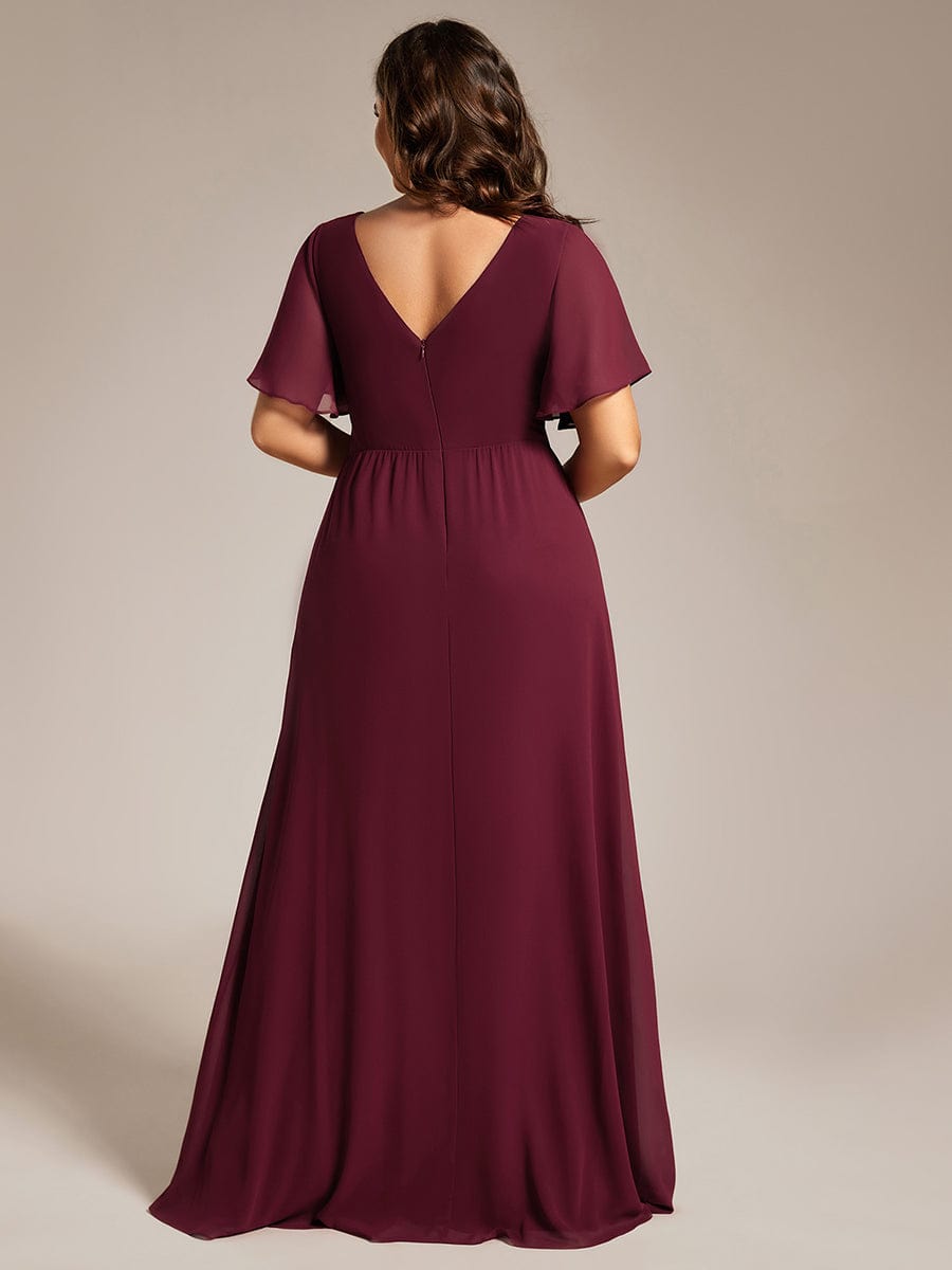 High Slit V-Neck Chiffon High Waist Bridesmaid Dress with Ruffle Sleeve #color_Burgundy