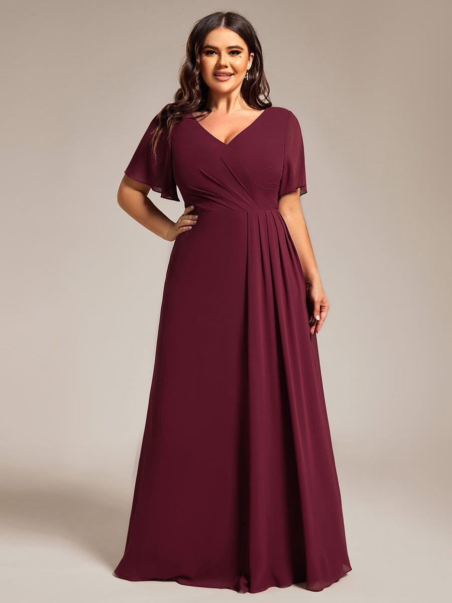 High Slit V-Neck Chiffon High Waist Bridesmaid Dress with Ruffle Sleeve #color_Burgundy