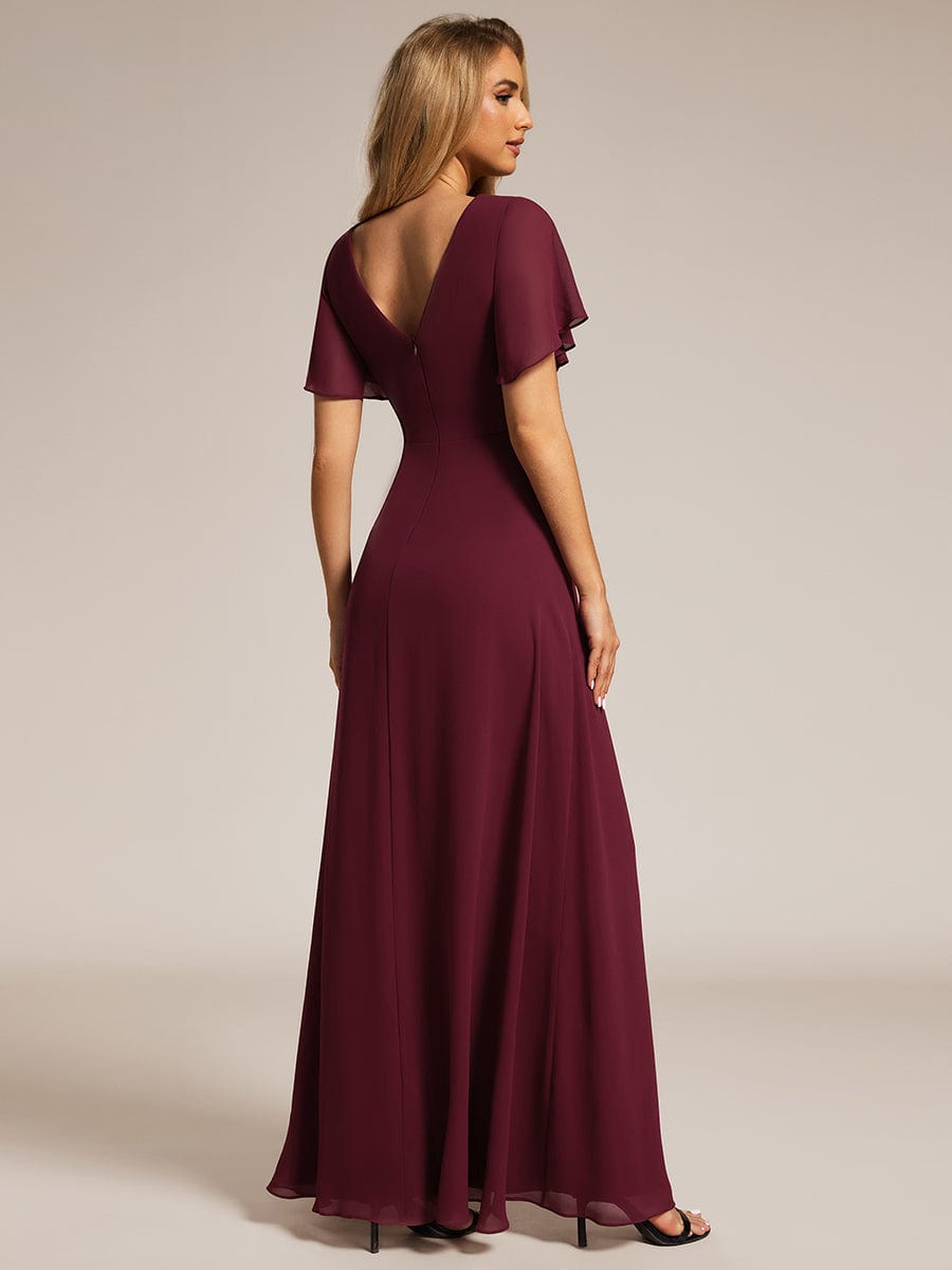 High Slit V-Neck Chiffon High Waist Bridesmaid Dress with Ruffle Sleeve #color_Burgundy