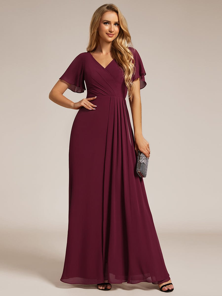 High Slit V-Neck Chiffon High Waist Bridesmaid Dress with Ruffle Sleeve #color_Burgundy