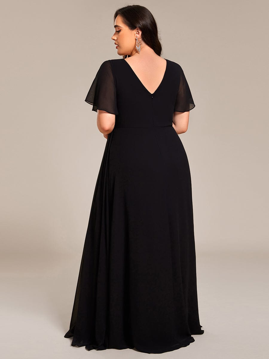 High Slit V-Neck Chiffon High Waist Bridesmaid Dress with Ruffle Sleeve #color_Black