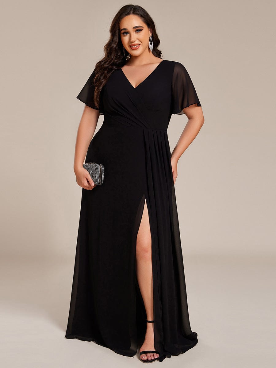 High Slit V-Neck Chiffon High Waist Bridesmaid Dress with Ruffle Sleeve #color_Black